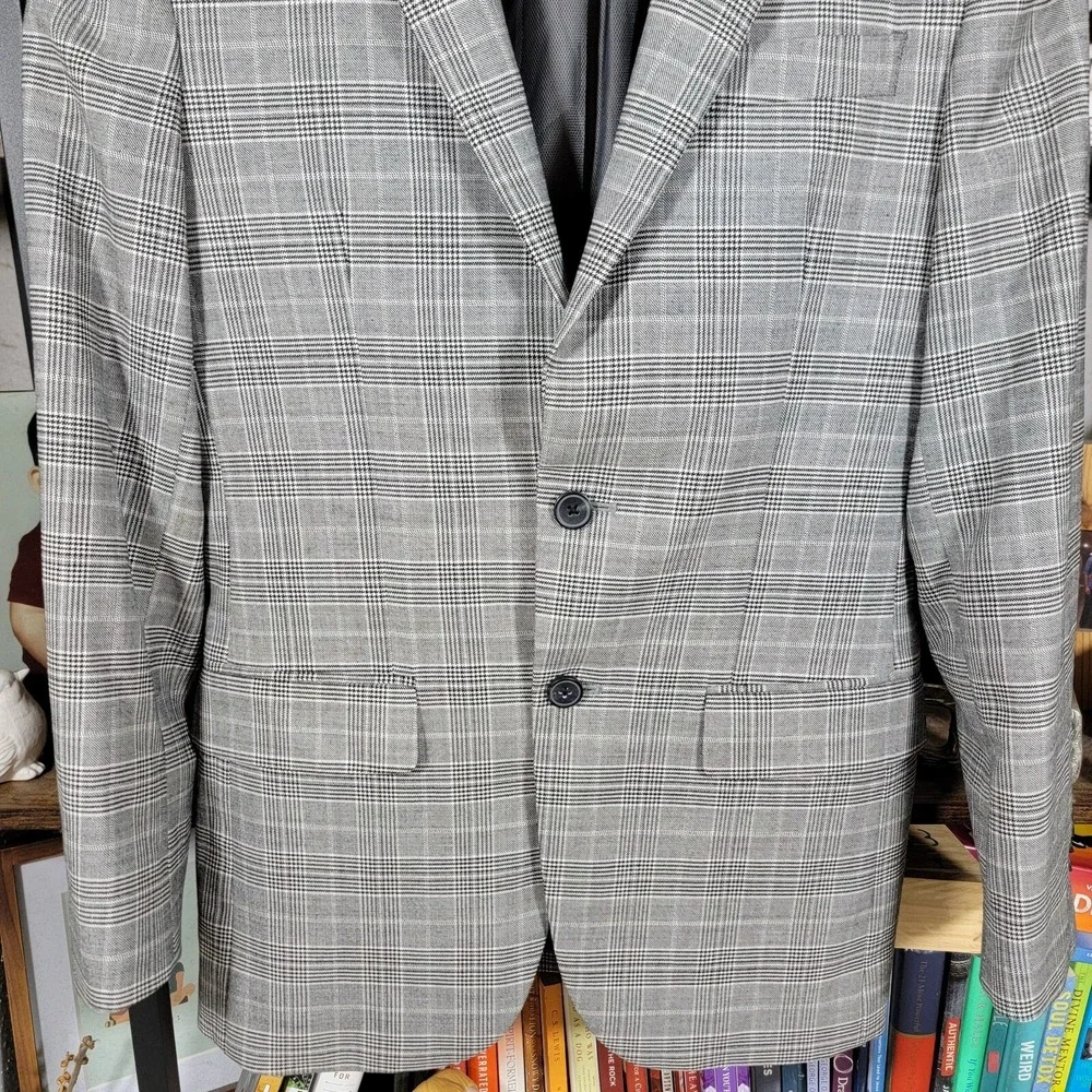 Kenneth Cole‎ Mens Sport Coat Blazer Two Button Gray Plaid Wool Poly Slim 36R